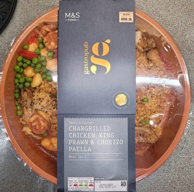Chargrilled chicken, king prawn & chorizo paella