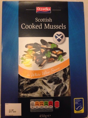 Scottish cooked mussels in white wine sauce